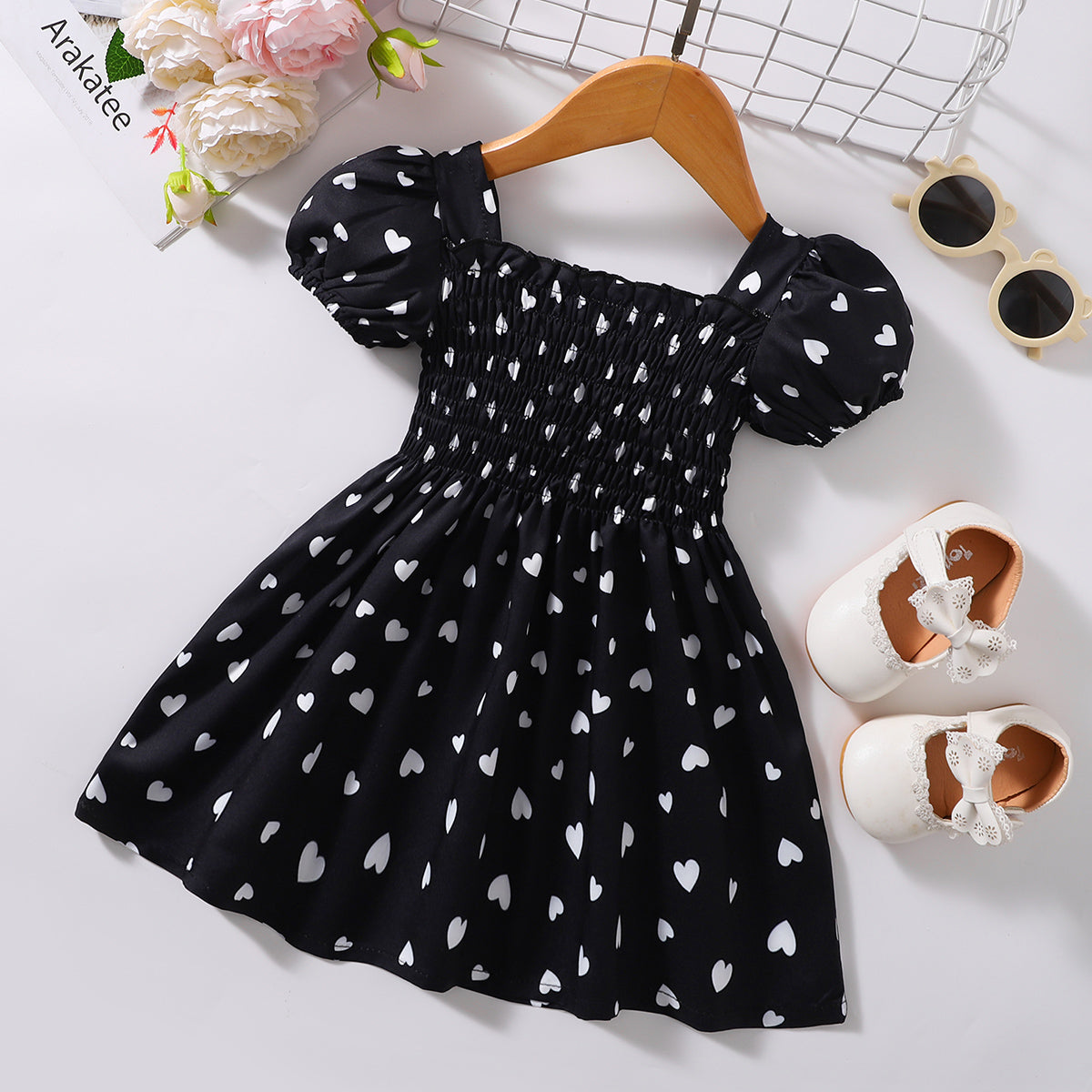 Heart Print Smocked Square Neck Dress