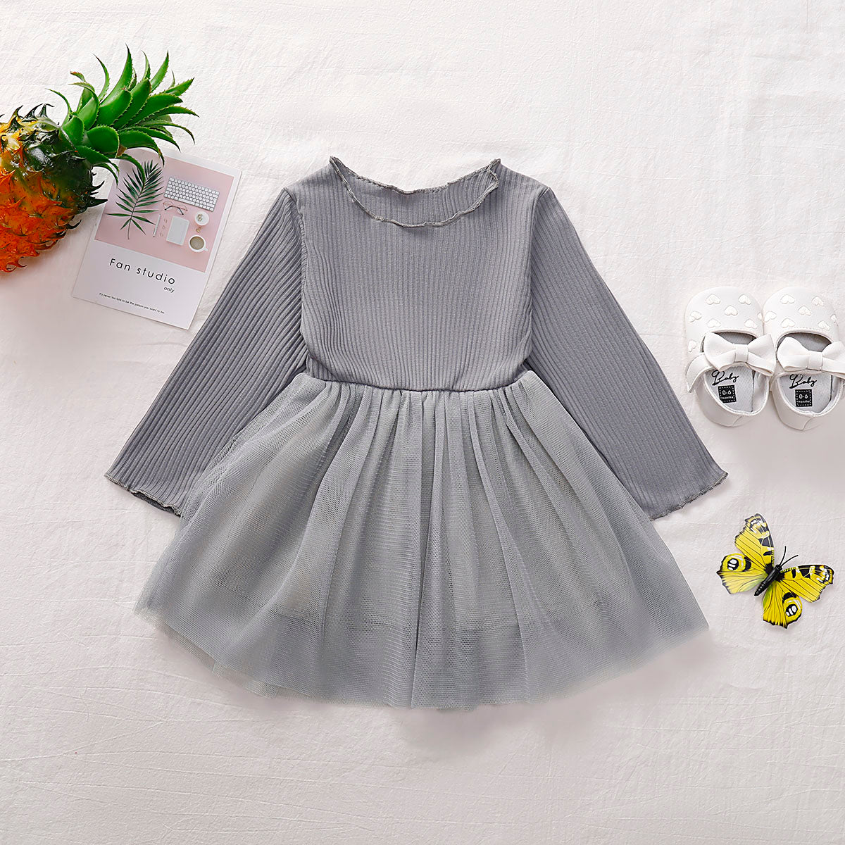 Girls Round Neck Ribbed Tulle Dress