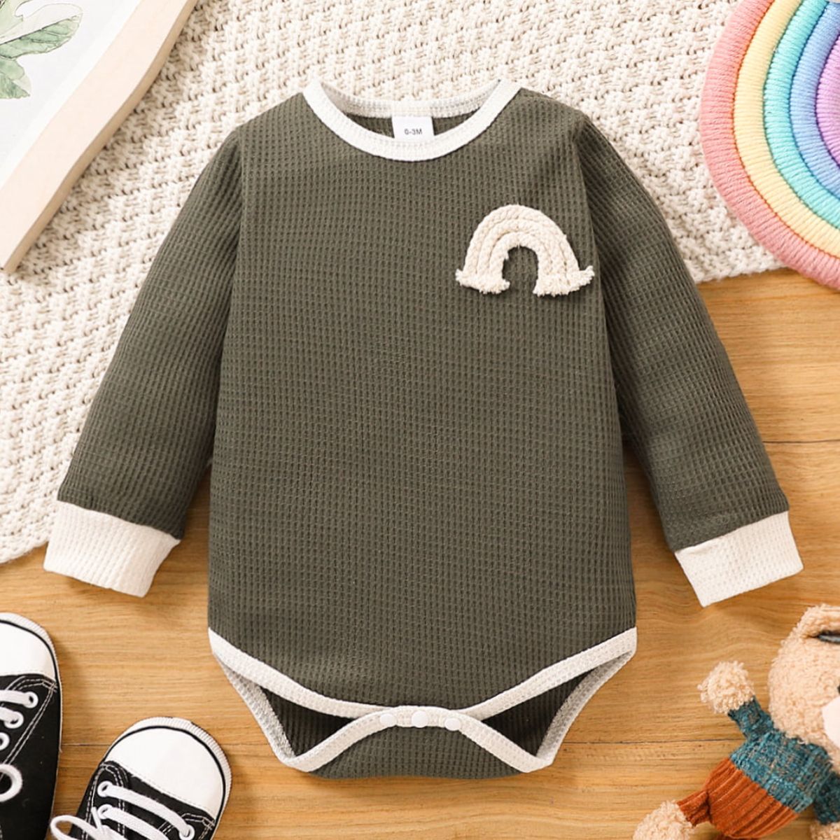 Baby Contrast Trim Waffle-Knit Long Sleeve Bodysuit