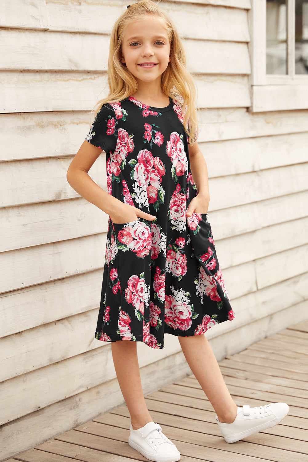 Girls Floral Round Neck Short Sleeve Dress with Pockets