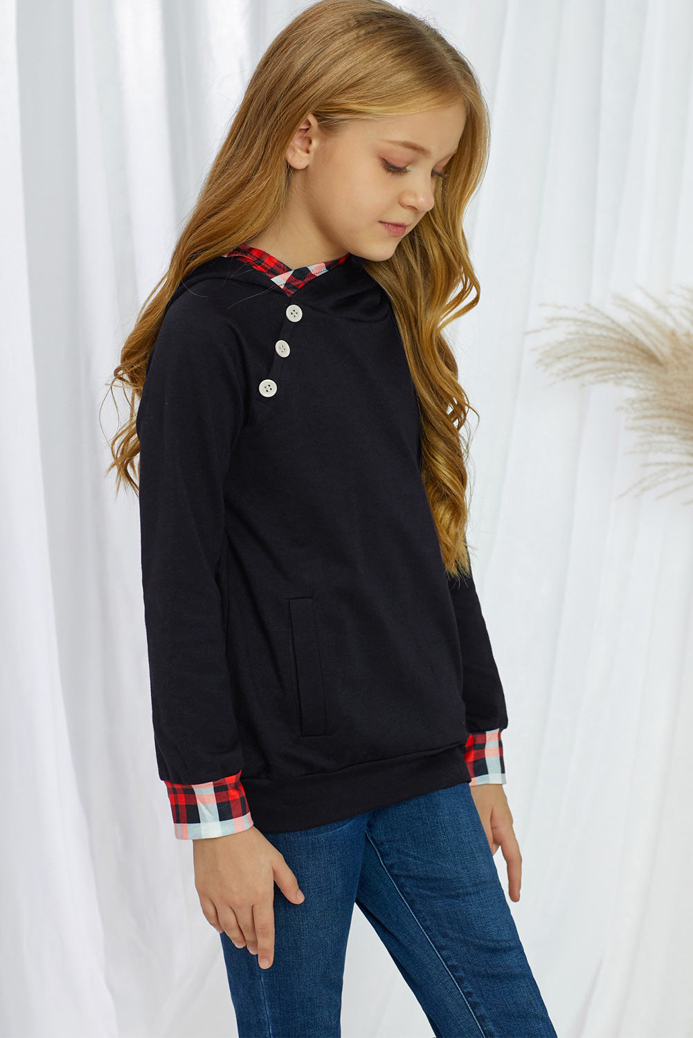 Girls Plaid Decorative Button Hoodie with Pockets