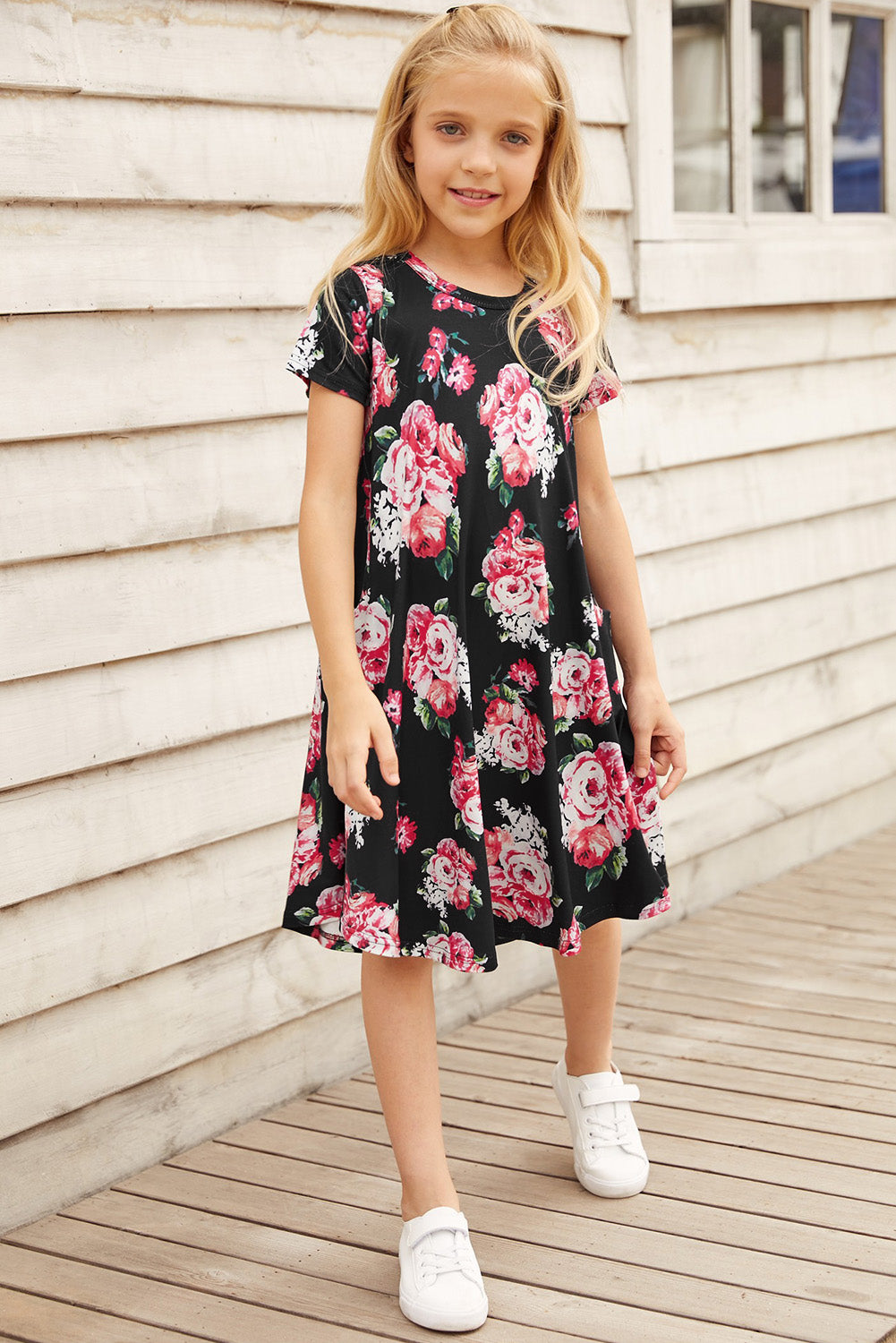 Girls Floral Round Neck Short Sleeve Dress with Pockets